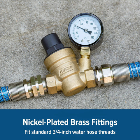 Close-up of Camco adjustable RV/marine brass water pressure regulator with gauge and 3/4-inch hose thread fittings