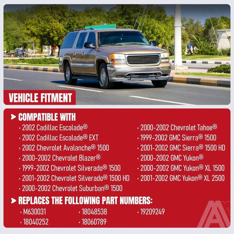 Replacement Brake Master Cylinder For GM Trucks And SUVs Direct Fit 1999 To 2002 Silverado 1500 Blazer Yukon Escalade Sierra Replaces M630031 18040252 18060789 19209249 vehicle fitment chart with GM truck on road.