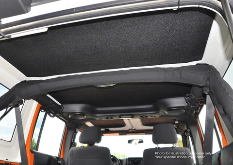 Boom Mat Black Sound Deadening Headliner installed in Jeep Wrangler JL 2018 up custom fit, visible inside hard top view