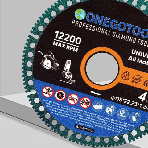 Close-up of Indestructible Diamond Cut Off Wheels For Angle Grinder Four And A Half Inch With Seven Eighths Arbor All Purpose Metal Tile Stone Cutting Discs 3 Pack ONEGOTOOL