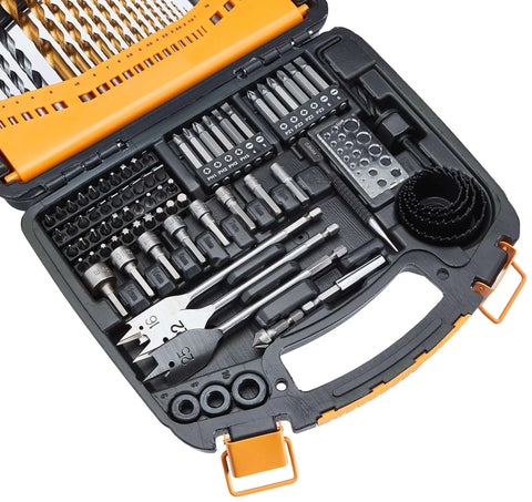 All Purpose 100 Piece Drill And Driver Bit Set With Alloy Steel Bits For Metal Wood Plastic And Masonry Includes Storage Case Magnetic Bit Holder And Four Hole Saws By Amazon Basics in open case