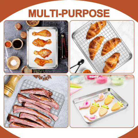 Stainless Steel Baking Sheet with Wire Rack for Toaster Oven, 10.5 by 8.3 Inches, showing cookies and roasted meats, multi-purpose use.