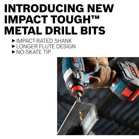 Heavy-Duty Light-Gauge Metal Cobalt Drill Bit 5/64 In x 2 In By Bosch in use on a metal surface, featuring impact-rated shank and no-skate tip.