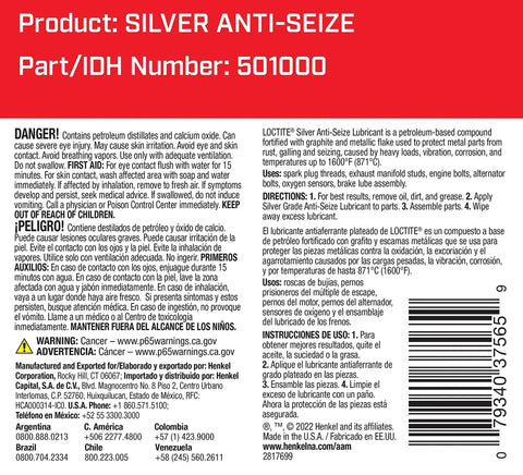 Package labeling of Heavy Duty Automotive Silver Anti Seize Lubricant With Graphite And Metallic Flake Fortification 8 oz bottle.