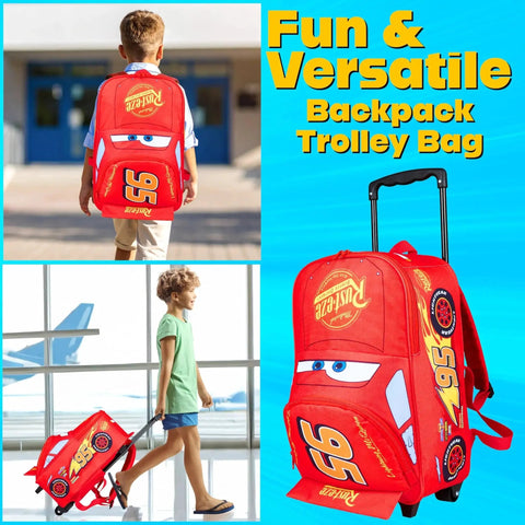 Child with Lightning McQueen 16 Inch Kids Rolling Suitcase With Wheels And Extendable Handle 25L Two In One Backpack To Trolley Travel Bag