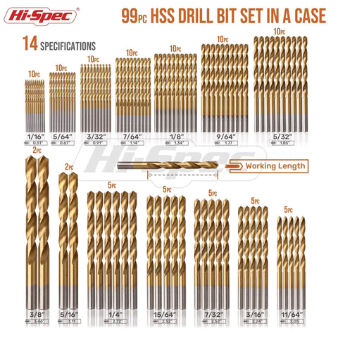Versatile 99 Piece Drill Bit Set For Metal Wood Plastic With Storage Case And SAE High Speed Steel Bits 1 Sixteenth To 3 Eighth Inch