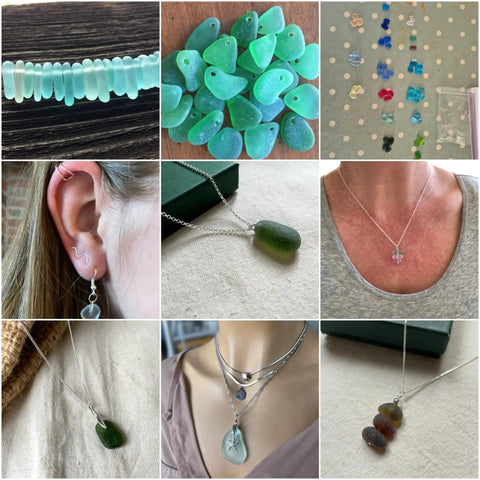 Variety of sea glass jewelry pieces, including earrings and necklaces with green and clear pendants, displayed on different backgrounds.