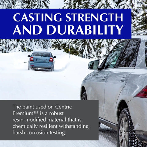 Centric Premium rear brake rotor product image on snowy road; two cars and a blue banner.