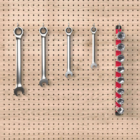 Three Quarters Inch Drive Socket Organizer Red Rail For Impact Sockets on pegboard with wrenches in garage setup