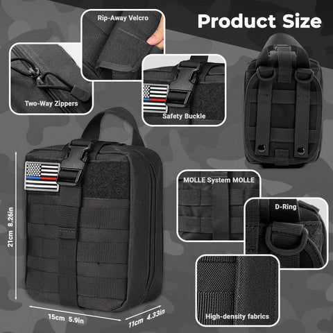 Trauma First Aid Kit With Tourniquet And 4 Inch Israeli Bandage, EDC Ready Tactical Medical Gear, black MOLLE bag with features