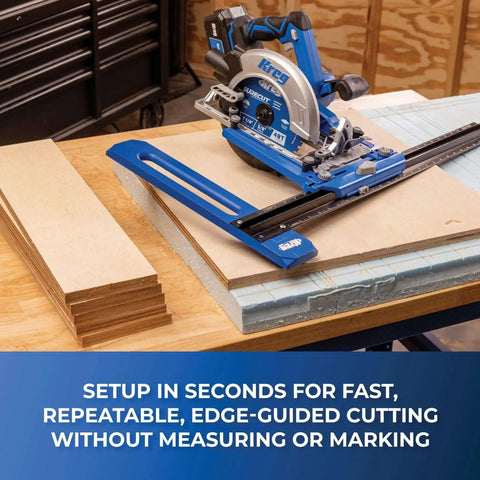 Rip Cut Circular Saw Guide For Precise Edge Guided Cuts On Regular Side Blade Saws Corded Or Cordless Converts Your Saw Into A Pro Level Guided Cutting Tool With A Secure Clamp Sled Universal Fit For Woodworking By Kreg KMA2400 shown in use on a workbench with wood pieces nearby.