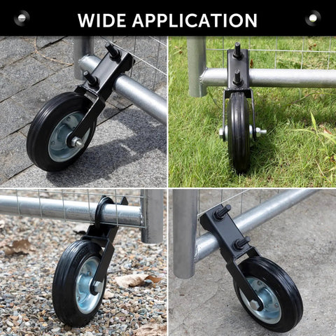 6 Inch Heavy Duty Metal Gate Caster For 1 5 Eighths To 2 Inch Frame shown on chain link fences in outdoor settings