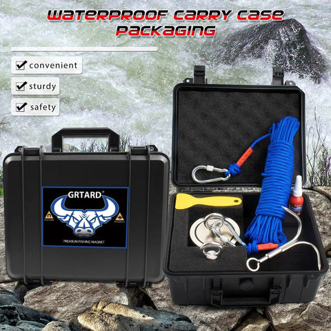 1725LB Heavy Duty Magnet Fishing Kit With Double Sided N52 Neodymium Magnets in waterproof carry case on rocks by water