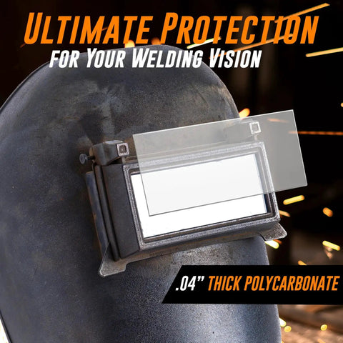 Premium 0.04 Inch Clear Welding Lens 2x4.25 for Helmets, featuring polycarbonate lens installed on welding helmet