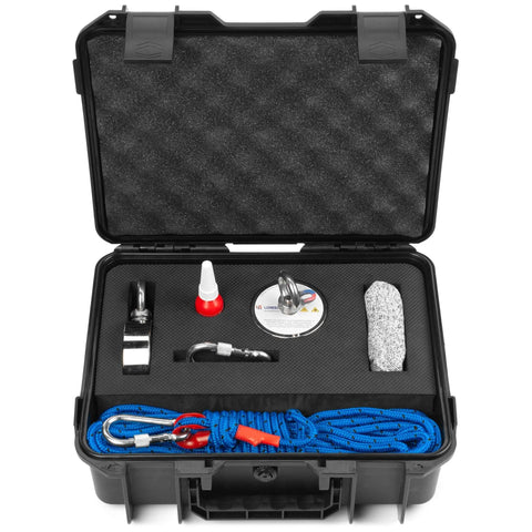 Open case with Underwater Treasure Hunting Magnet Fishing Kit With Case And Dual Strength Magnets 880Lb Double Sided And 550Lb Single Sided Includes Rope Carabiner Threadlocker And Gloves For The Real Magnet Fishing Crew visible