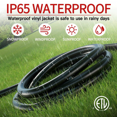 Outdoor 25 Ft Extension Cord 16 AWG SJTW 125V 13A Weatherproof ETL Listed coiled on grass showing IP65 weatherproof features