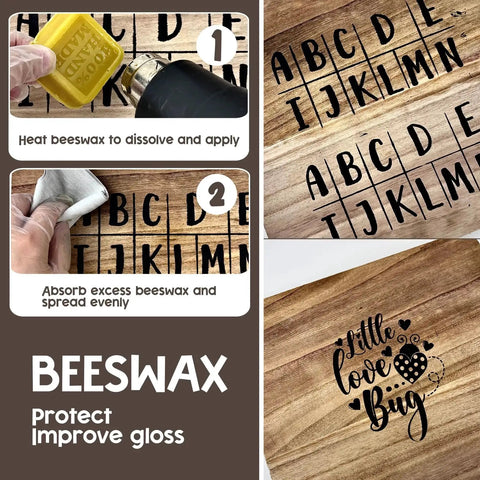 Application process of Wood Burn Paste Kit 4 Oz Gel For Easy DIY Wood Burning In Minutes on wood, showing beeswax usage and engraved design.
