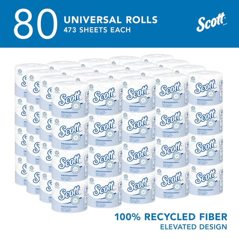 80 rolls of 100 Percent Recycled Fiber 2 Ply Toilet Paper, 473 sheets per roll, displayed in a stacked arrangement.