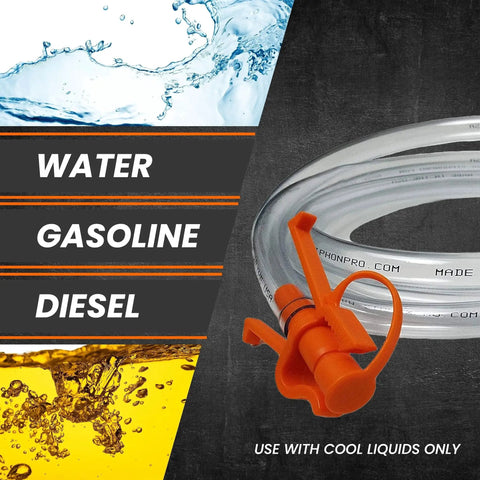 Portable Hand Fuel Transfer Pump Siphons Gasoline And Diesel Fast Up To Three Point Five Gallons Per Minute With Nine Foot Hose Brass Tip Weight And Pinch Clip Go To Gear For Cars Boats Mowers And Home Emergency Use, showing coiled hose and versatile liquid use.