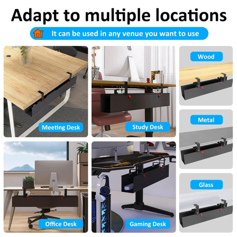 Under Desk Cable Management Tray With Fabric Wire Organizer Clamp Or Screw Mount showing installation on various desk types