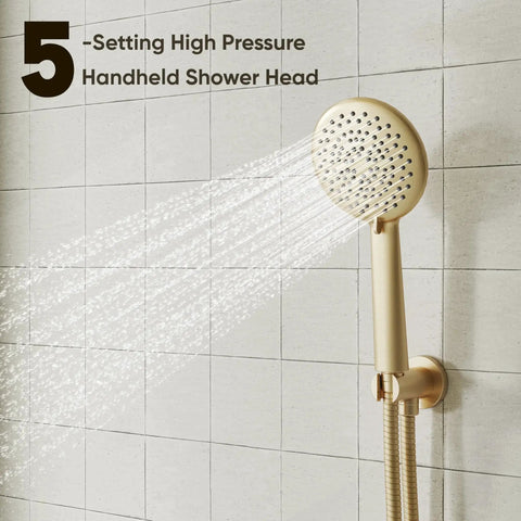 Brushed Gold Shower Head System From Gabrylly With 10 Inch Rainfall Head And 5 Setting Handheld Sprayer Solid Brass Pressure Balance Valve High Pressure Shower Fixtures For Consistent Temperature And Luxurious Shower Experience faucet with handheld sprayer attached to tile wall