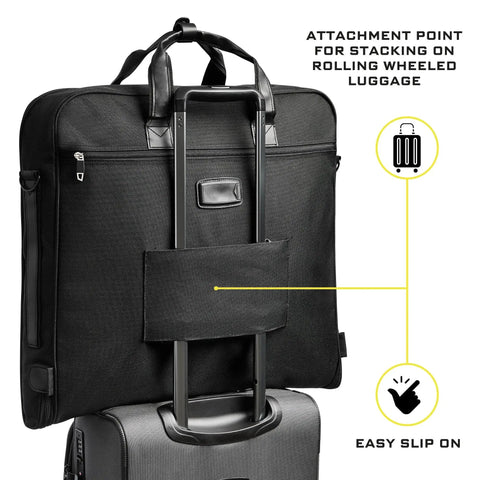 Premium Suit Garment Bag Carry On For Travel And Business With Over Shoulder Strap showing stacking on rolling luggage