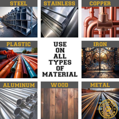 Collage image showing different materials: steel, stainless, copper, plastic, iron, aluminum, wood, and metal with text "Use on all types of material."