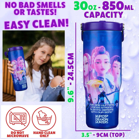 Girl holding Demon Hunters 30 Ounce Tumbler with Straw and Handle, featuring colorful character designs, insulated stainless steel, ideal for gaming.