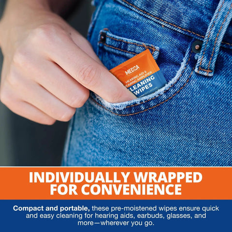 Person placing an individually wrapped Hearing Aid Cleaning Wipes Alcohol Free in jeans pocket for easy portability.