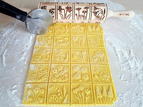 Spring Flowers Embossing Rolling Pin With 16 Floral Squares For Dough And Clay, Deep Pattern Beech Wood Roller for cookies