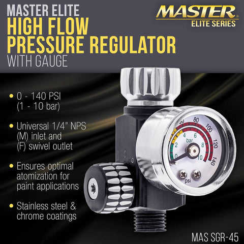 Master Airbrush Elite high flow pressure regulator with gauge, 0–140 PSI, 1/4 in NPS inlet, chrome finish