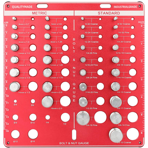 42 Pro Grade Thread Checker Bolt Gauge With 19 Standard And 15 Metric Sizes, front view of bolt and nut gauge on red board.