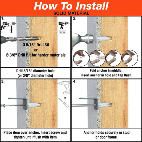 Installation instructions for commercial drywall anchor with screws in solid material, showing drill bit, anchor fold, and placement.