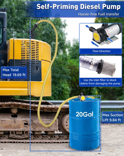 Pro Grade 12V 200W Diesel And Kerosene Electric Fuel Transfer Pump Kit with Nozzle, Hoses and 20Gal Barrel