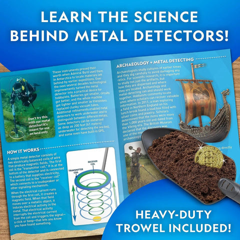 Kids Metal Detector Starter Kit For Treasure Hunting With 7.4 Inch Waterproof Coil, lightweight trowel on science background.