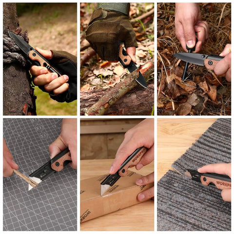 Collage showing 2-In-1 Folding Utility Knife With Quick Change Blades Belt Clip Liner Lock in outdoor and indoor use
