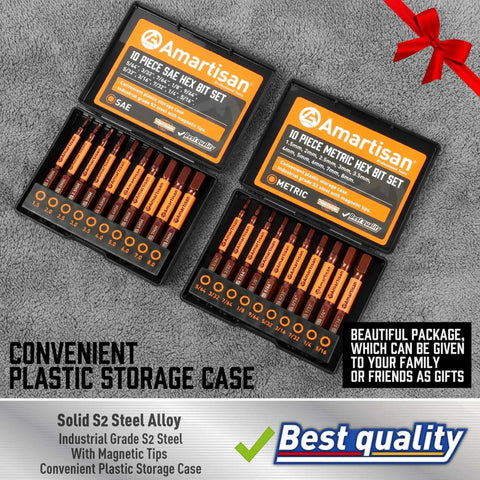 Pro Grade 20 Piece Hex Bit Drill Set In S2 Steel With Magnetic Tips, Metric And SAE Hex Bits, shown with storage box