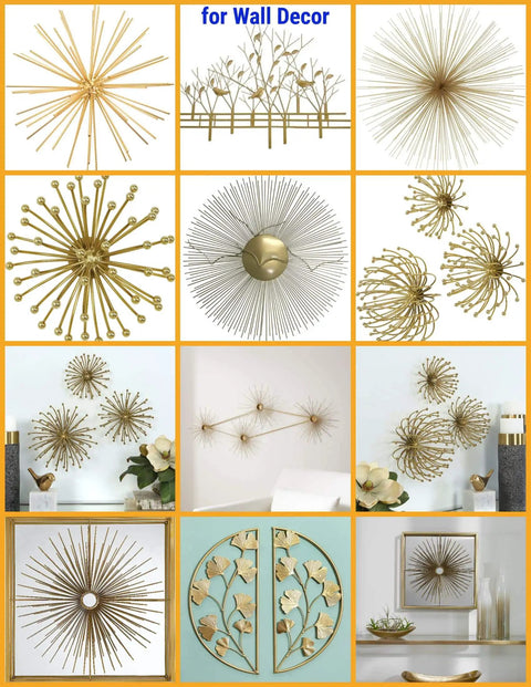 Collage of various metal wall decor designs with golden starburst and floral patterns on white walls.
