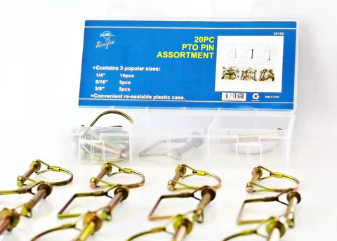 PTO Pin Set 20 Piece Assortment for Power Take Off Hubs and Implements, yellow zinc plated, arranged in plastic case.