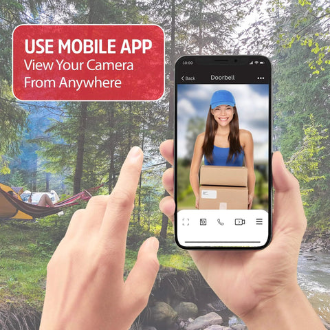 Person holding smartphone displaying 2K Video Doorbell With Chime And Rechargeable Battery, Dope Smart Security Camera app interface