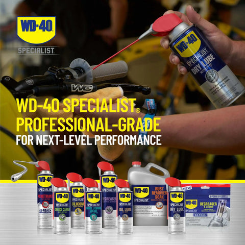 Specialist Dry Lube With Smart Straw PTFE Spray For Power Tools And Machinery Reduces Friction And Wear On Blades Bits Tracks Slides Hinges Drills Lathes Table Saws And Conveyor Belts 10 Oz Twin Pack displayed with other WD-40 products