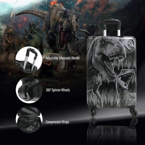 Kids Carry On Luggage With Wheels 20 Inch Hard Sided Dinosaur Suitcase With Jurassic World Graphics and Spinner Wheels.