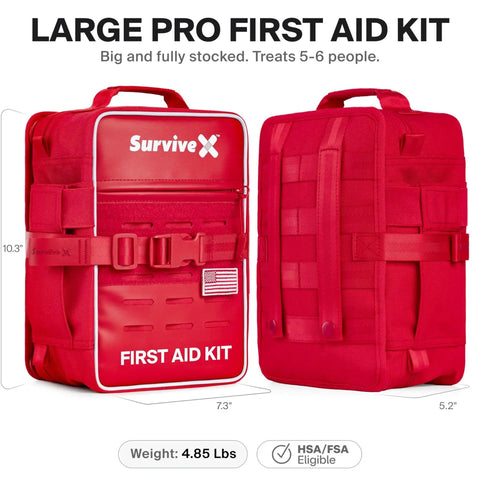 Large Pro First Aid Kit For Car Travel And Home Your Go To Emergency Kit For Hiking Camping And Outdoors, red bag front and back view