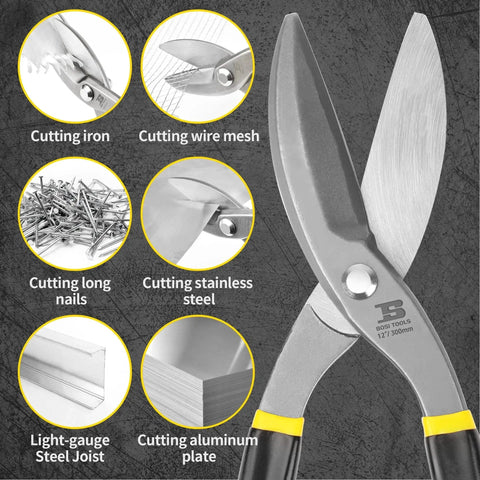 Heavy Duty Tin Snips 12 Inch Straight Cut Metal Shears with Drop Forged Carbon Steel Blade for Cutting Various Materials