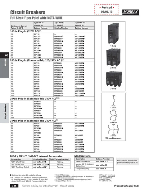 Murray circuit breakers chart with 60 Amp Double Pole MP-T Circuit Breaker For 240V Panels With Insta-Wire Plug-In Connections, 10,000 AIC Rating