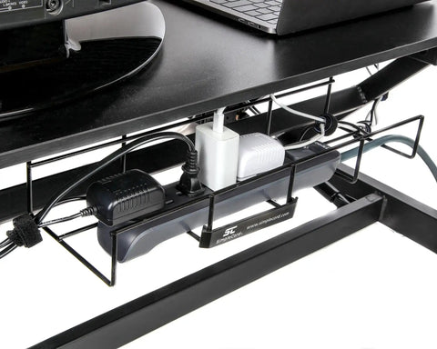 Cord Wire Tray Desk Cable Organizer 32 Inch Open Slot Raceway To Tidy Cables Wires And Cords On Desks Office Cable Management Kit Pack Of 2 Black installed under desk organizing cables and power supply in office setting