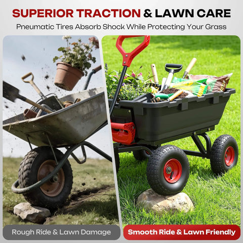 Comparison of a rusty wheelbarrow and a heavy duty garden dump cart with 900 lb capacity and 10 inch non-slip pneumatic tires
