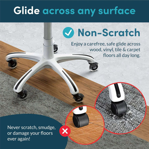 Office chair caster wheels on hard and carpeted surfaces demonstrating non-scratch glide feature.