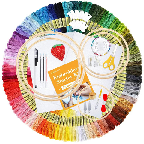 304 Pack Embroidery Starter Kit With 200 Color Floss 5 Bamboo Embroidery Hoops 2 Aida Cloths Easy Instructions Bag And Cross Stitch Tools Set For Beginners And Adults displayed in a circle