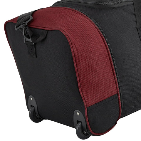 Close-up of inline blade wheels on the Expandable 32 Inch Rolling Travel Duffel Bag in Red by Travelers Club